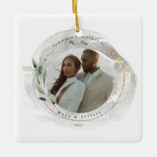 Our First Christmas As Mr&Mrs Silver & Gold Photo Ceramic Ornament