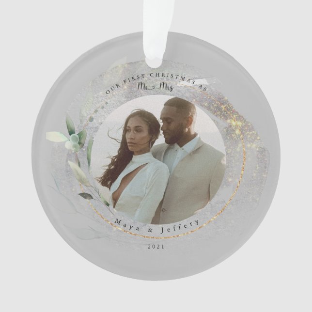 Our First Christmas As Mr&Mrs Silver & Gold Photo Ornament (Front)