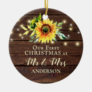Our First Christmas as Mr & Mrs Sunflower Wood Ceramic Tree Decoration