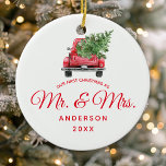 Our First Christmas As Mr. & Mrs. Vintage Truck Ceramic Tree Decoration<br><div class="desc">Our First Christmas As Mr. & Mrs. Vintage Truck Ceramic Ornament. This design features a watercolor vintage red truck with a christmas tree.</div>