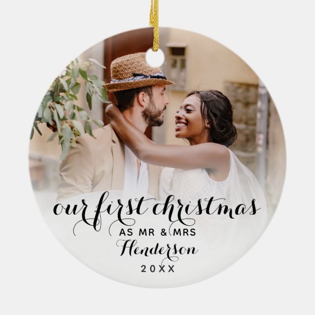 Our First Christmas As Mr & Mrs Wedding Photo Ceramic Tree Decoration (Back)