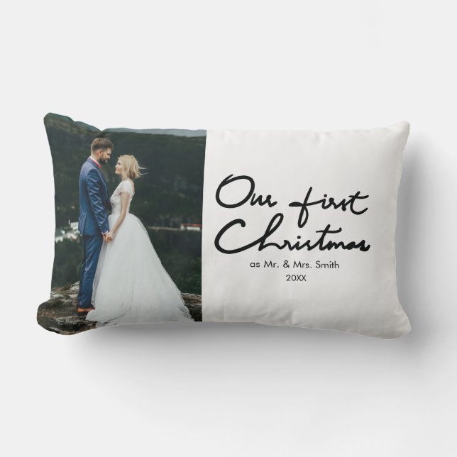 Our First Christmas as Mr. & Mrs. Wedding Photo Lumbar Cushion (Front)