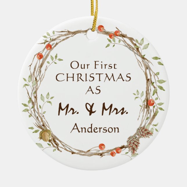 Our First Christmas as Mr & Mrs Wreath Ceramic Tree Decoration (Front)