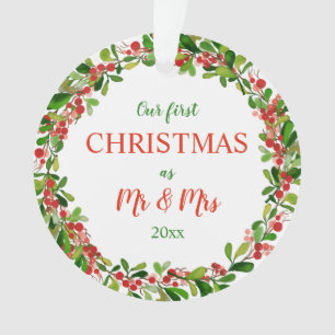 Our First Christmas As Mr & Mrs Wreath Photo Ornament