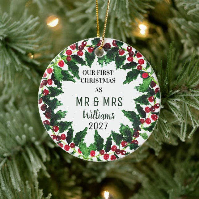 Our First Christmas as MR & MRS Wreath Rustic Ceramic Tree Decoration (Tree)