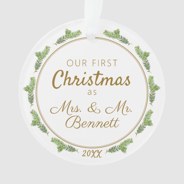 Our First Christmas as Mrs. & Mr. Festive Photo Ornament (Front)