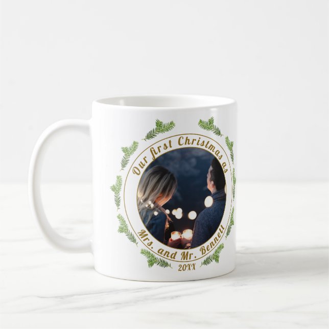 Our First Christmas as Mrs. & Mr. Script Photo Coffee Mug (Left)