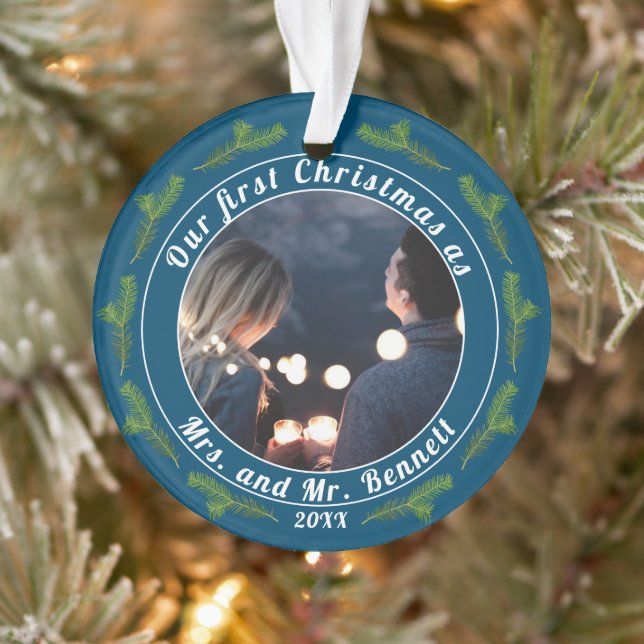 Our First Christmas as Mrs. & Mr. Script Photo Ornament (Tree)