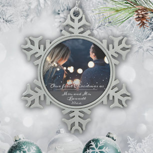 Our First Christmas as Mrs. & Mr. Wedding Photo Snowflake Pewter Christmas Ornament