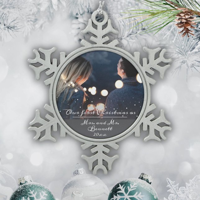 Our First Christmas as Mrs. & Mr. Wedding Photo Snowflake Pewter Christmas Ornament (Creator Uploaded)