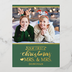 Our first Christmas as mrs & mrs newlyweds gold Foil Holiday Postcard