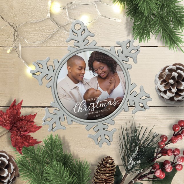 Our First Christmas as Mum and Dad Family Photo Snowflake Pewter Christmas Ornament (Creator Uploaded)