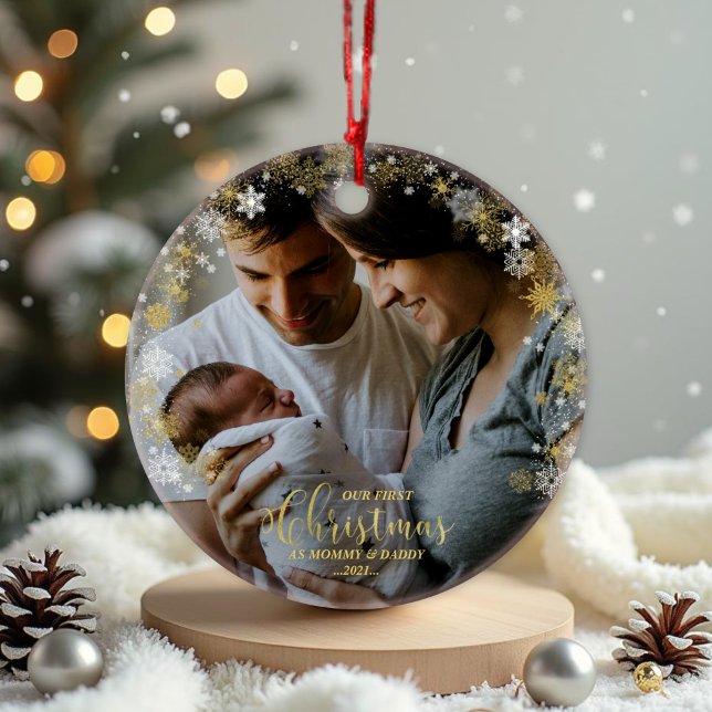 Our First Christmas as Mum and Dad Gilded Photo Ornament (Creator Uploaded)