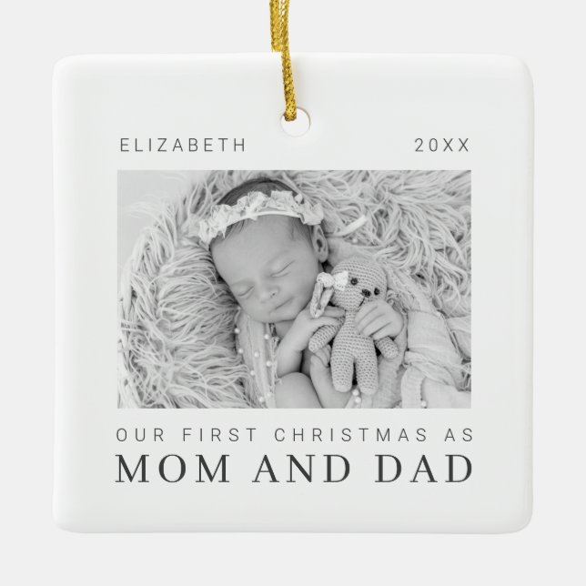 Our First Christmas as Mum and Dad Modern Chic Ceramic Ornament (Front)