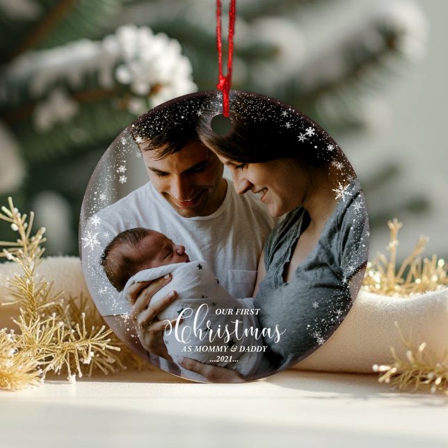 Our First Christmas as Mum and Dad Snowflake Photo Ornament (Creator Uploaded)