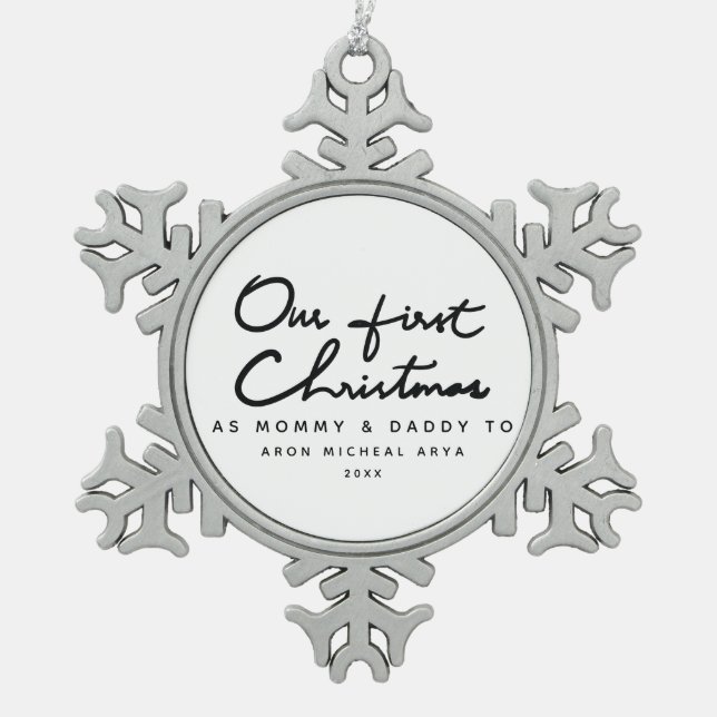 Our First Christmas as Mummy and Daddy Elegant Snowflake Pewter Christmas Ornament (Front)
