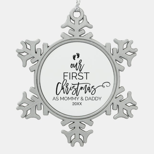 Our First Christmas as Mummy and Daddy Holiday Snowflake Pewter Christmas Ornament (Front)