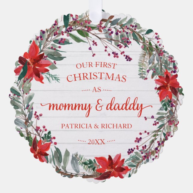 Our First Christmas as Mummy & Daddy Rustic Wreath Tree Decoration Card (Front)