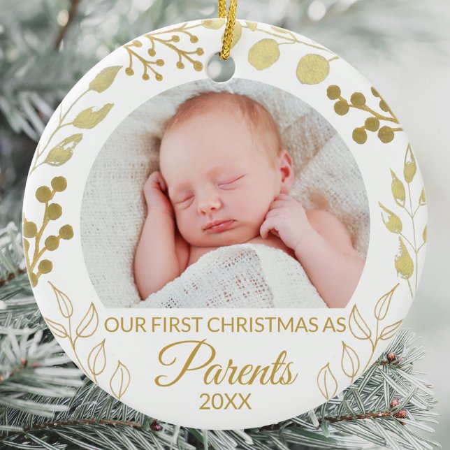 Our First Christmas As Parents Gold Foliage Photo Ceramic Tree Decoration (Creator Uploaded)