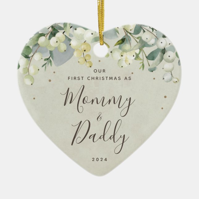 Our First Christmas as Parents Photo Heart Shaped Ceramic Tree Decoration (Front)