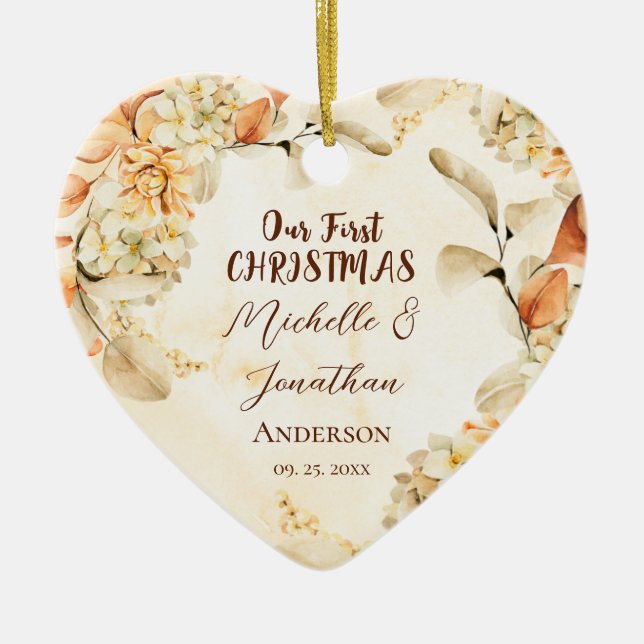 Our First CHRISTMAS Autumn Floral Heart Ceramic Tree Decoration (Front)
