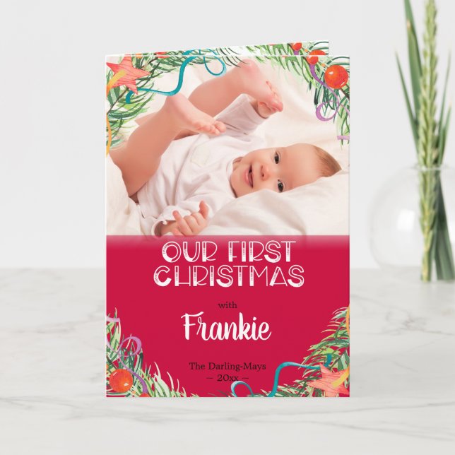 Our First Christmas Baby Photo & Name Red White Holiday Card (Front)