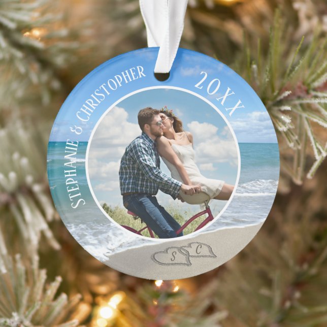 Our First Christmas Beach Hearts Photo Couples Ornament (Tree)