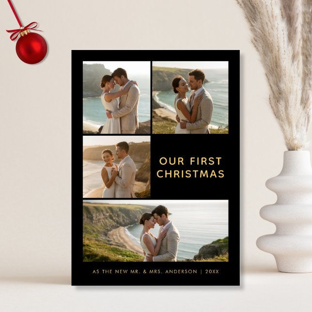 Our First Christmas Black and Gold Coastal Photo Holiday Card (Creator Uploaded)