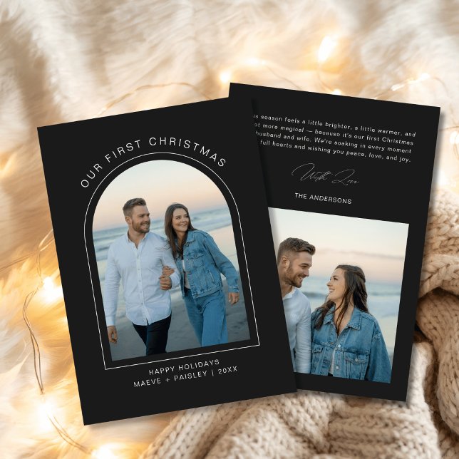 Our First Christmas Black Arch Modern 2 Photo Holiday Card (Creator Uploaded)
