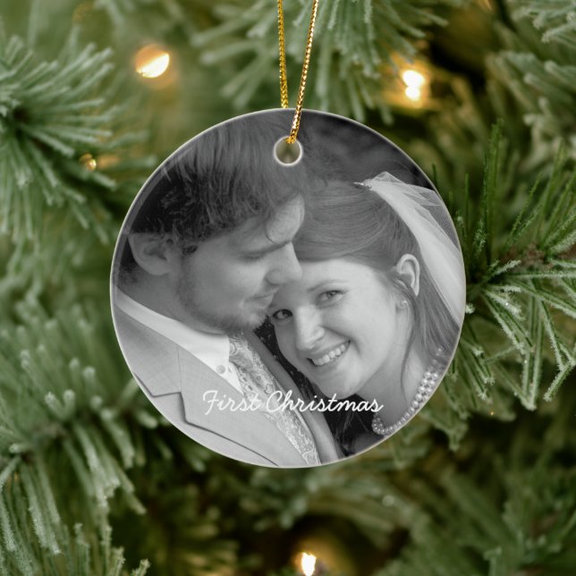 Our First Christmas Black Damask Photo Ornament (Tree)