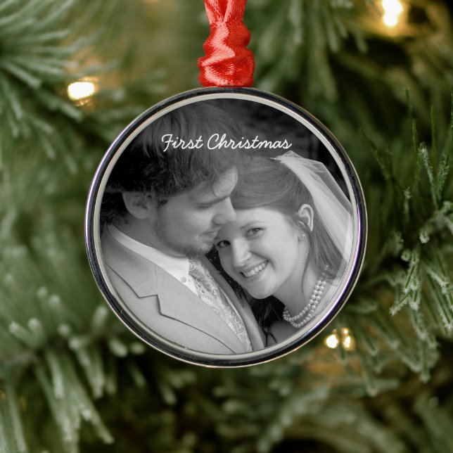 Our First Christmas Black Damask Photo Ornament (Tree)