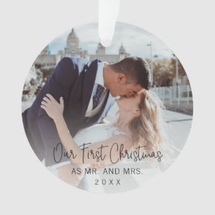 Our First Christmas Black Script Photo Ornament