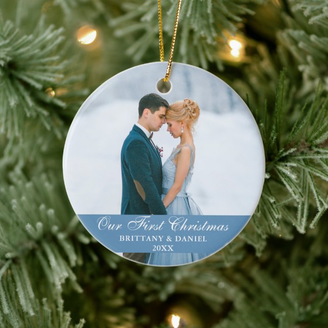 Our First Christmas Blue Couple Photo Ceramic Tree Decoration (Tree)