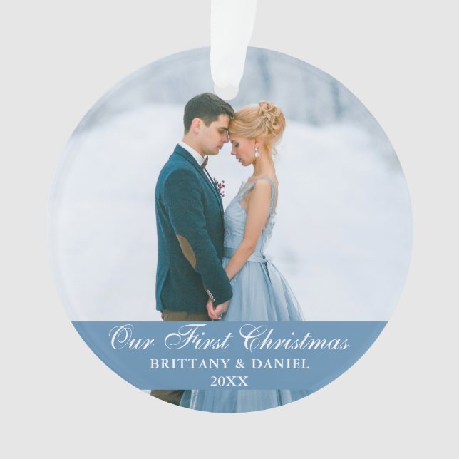 Our First Christmas Blue Couple Photo Ornament (Front)