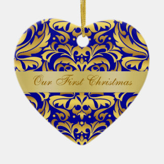 Our First Christmas Blue Gold Damask Ornament