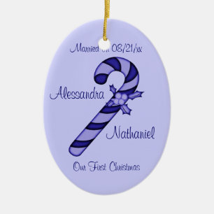 "Our First Christmas" - Blue Striped Candy Cane Ceramic Tree Decoration
