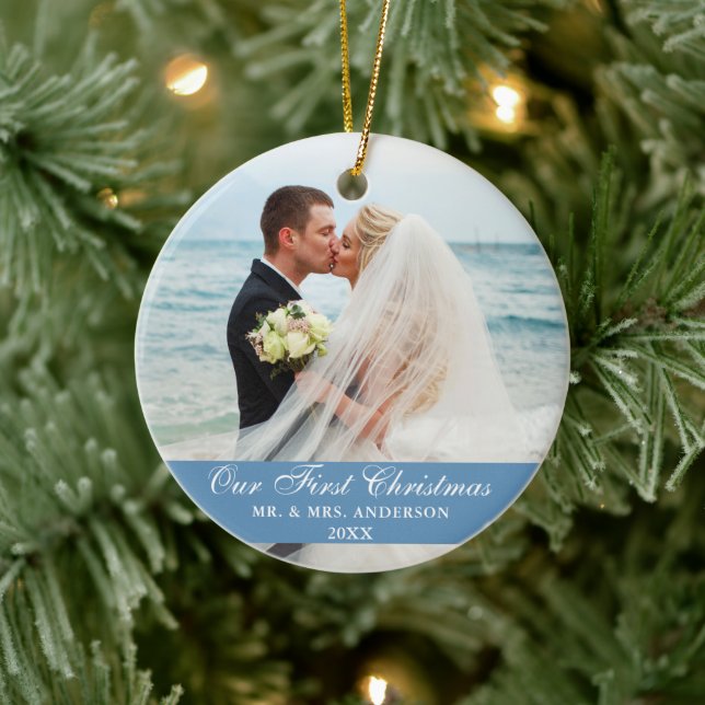 Our First Christmas Blue Wedding Photo Ceramic Tree Decoration (Tree)