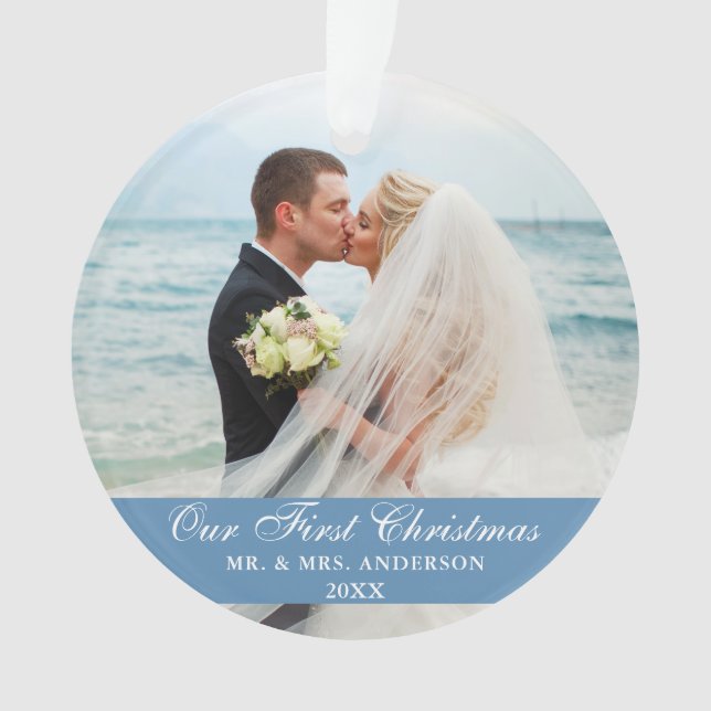 Our First Christmas Blue Wedding Photo Ornament (Front)