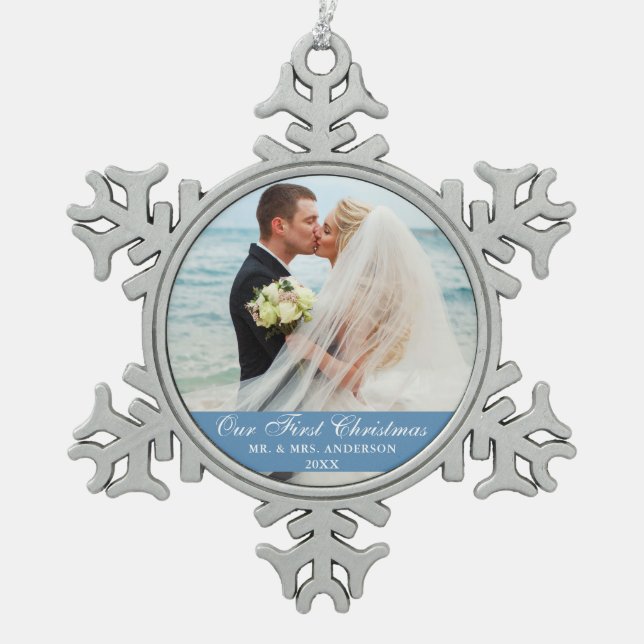 Our First Christmas Blue Wedding Photo Snowflake Pewter Christmas Ornament (Front)