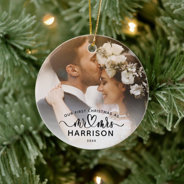 Our First Christmas Calligraphy Mr and Mrs Photos Ceramic Tree Decoration (Tree)
