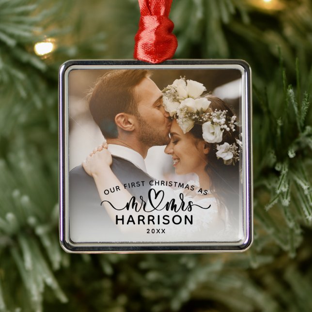 Our First Christmas Calligraphy Mr and Mrs Photos Metal Tree Decoration (Tree)