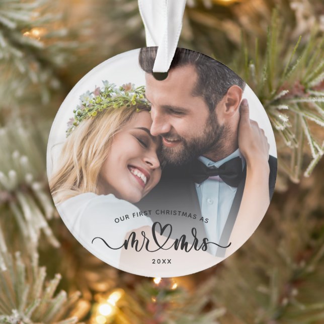Our First Christmas Calligraphy Mr and Mrs Photos Ornament (Tree)