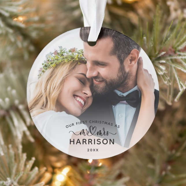 Our First Christmas Calligraphy Mr and Mrs Photos Ornament (Tree)