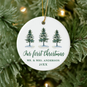Our First Christmas Calligraphy Watercolor Pines Ceramic Tree Decoration