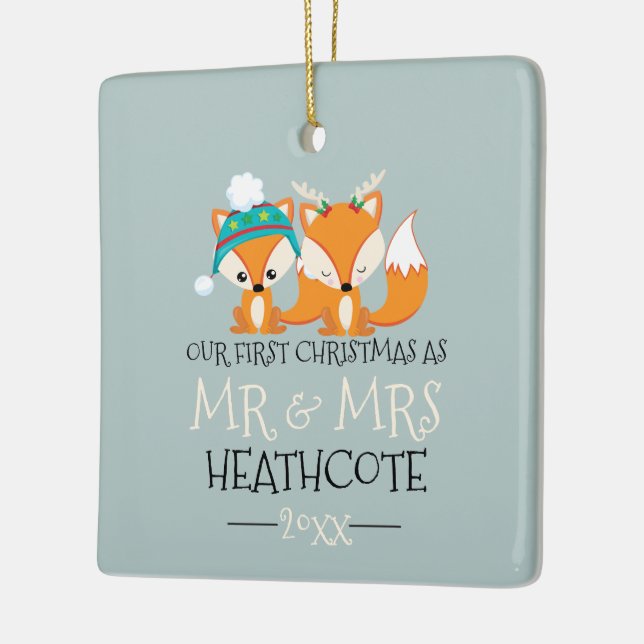 Our First Christmas Cartoon Red Fox Personalised Ceramic Tree Decoration (Left)