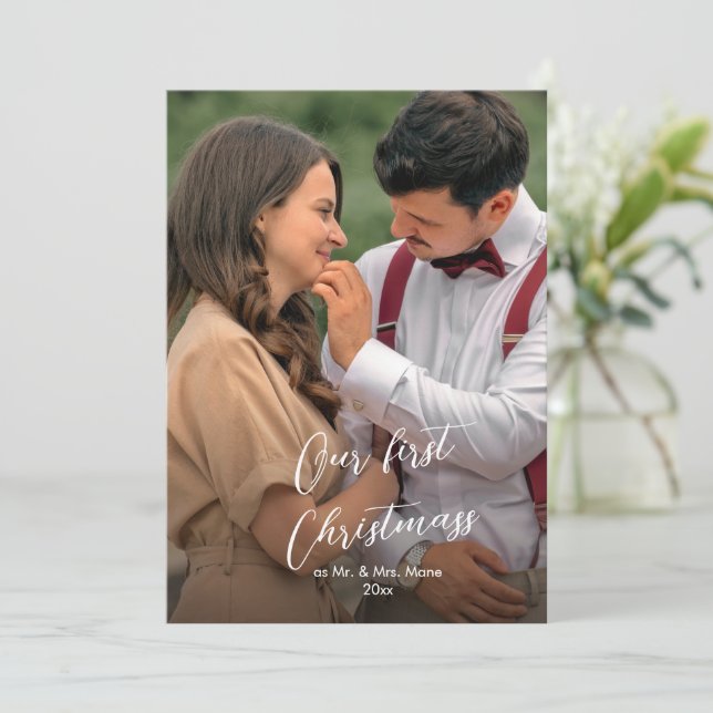 Our First Christmas Chic Script Name photo Holiday (Standing Front)