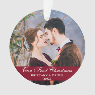 Our First Christmas Couple Photo Burgundy Ornament