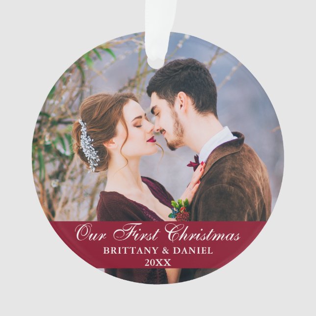 Our First Christmas Couple Photo Burgundy Ornament (Front)