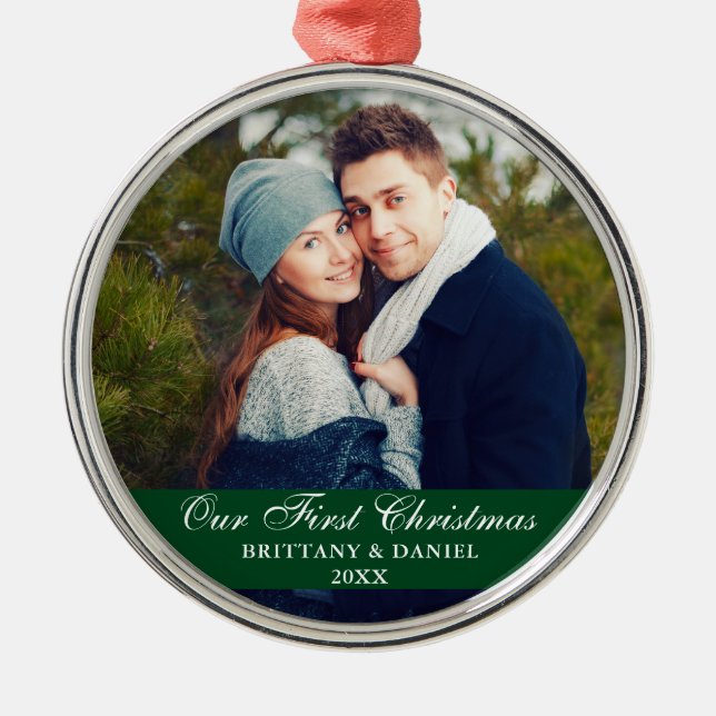Our First Christmas Couple Photo Green Metal Tree Decoration (Front)