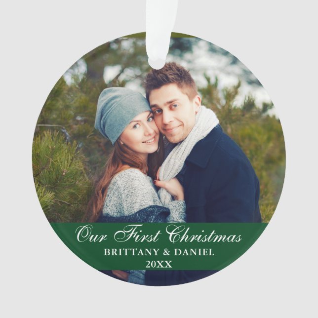 Our First Christmas Couple Photo Green Ornament (Front)